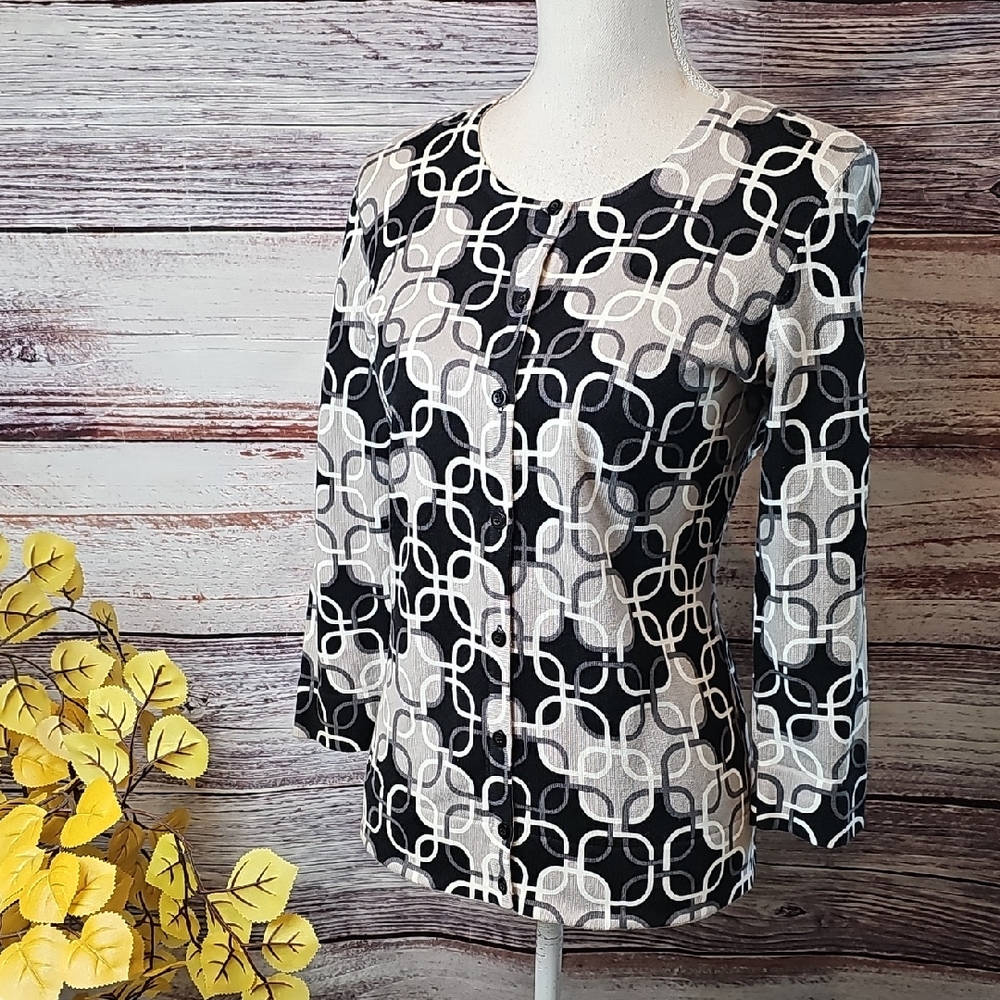 NEW ANN TAYLOR GEOMETRIC 3/4 SLEEVE BUTTON-UP SWEATER
